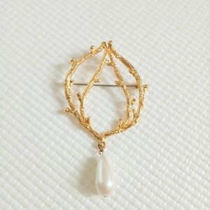 Vintage Gold tone faux pearl Branches/ Nature Brooch, large, 3.5", unique style